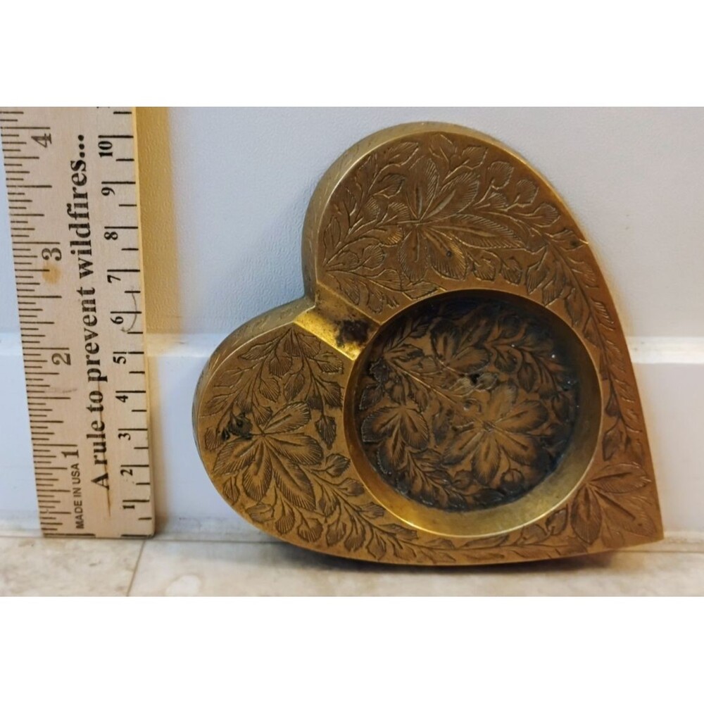 Vintage Brass Heart Ashtray Hand Etched Floral Indian Trinket Dish India